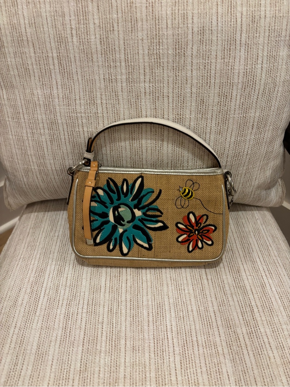 Coach Tan Shoulder Bag with Teal, Orange & Yellow Floral Accents